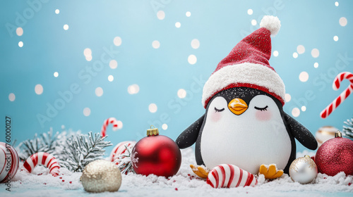 Cute penguin in santa hat surrounded by christmas decorations on snowy background