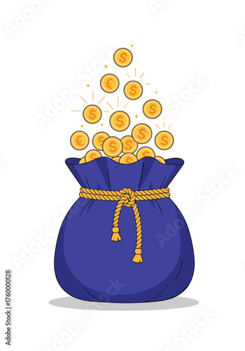 A full blue money bag overflowing with gold coins and sparkles showering down creating a magical effect.