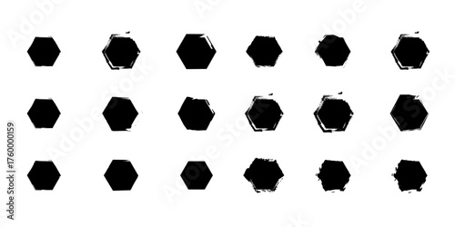 Abstract Hexagon Pattern: An artistic arrangement of black hexagon shapes in an abstract, patterned composition. Ideal for design.