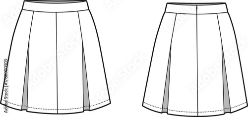 Box pleat skirt, fashion sketch, technical drawing, A-line silhouette, garment illustration, sewing pattern, waistband detail, hemline topstitch, apparel design, pleated style