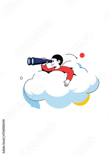 A young person with a spyglass sits on a cloud looking into the distance.