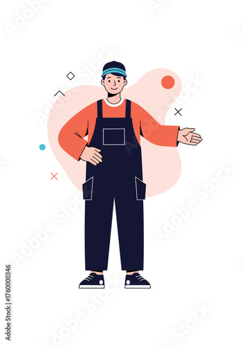 A professional handyman standing with an open palm gesture offering assistance and service to clients.