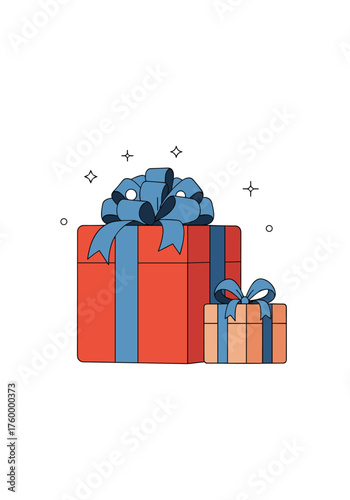 Two festive wrapped gift boxes with blue ribbons and bows decorated for celebration.