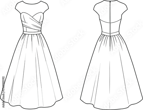 Sweetheart neckline dress, fashion sketch, technical illustration, cap sleeves, pleated bodice, flared skirt, midi length, zipper back, garment design, sewing pattern