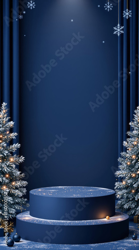 Vertical blue product placement pedastal shot for christmas advertising or xmas sales promotion on instagram or tiktok
