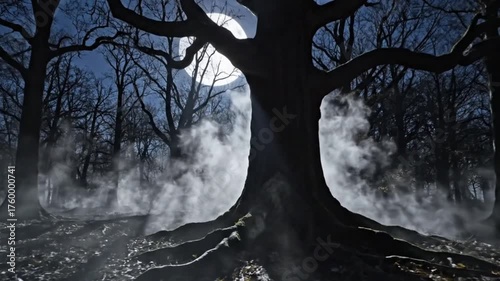 Mysterious Foggy Forest at Night Illuminated by Moonlight Perfect for Spooky Halloween Atmosphere
