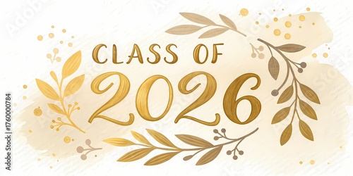 Elegant golden class of 2026 text with decorative floral branches and subtle glitter accents on a white background.