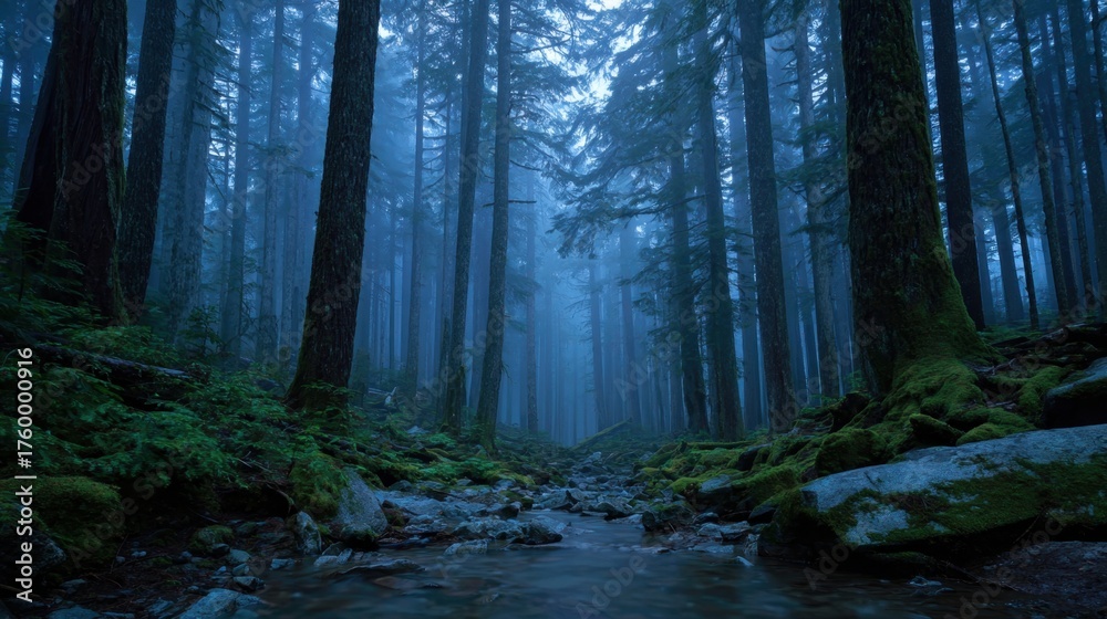 Obraz premium A forest with a stream running through it. The water is dark and the trees are tall