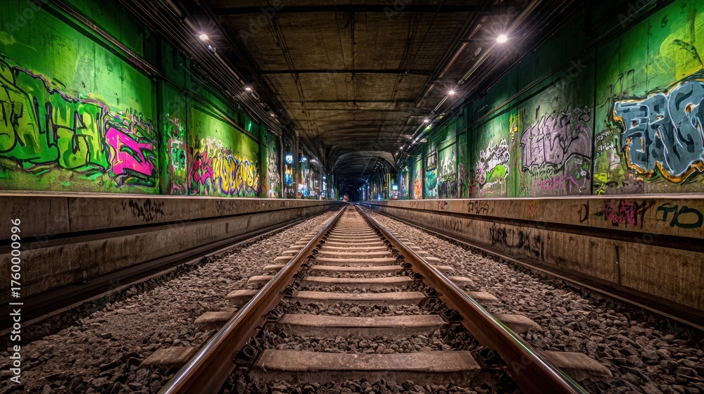 Naklejka premium A train track with graffiti on the walls. The graffiti is colorful and covers the entire wall. The train tracks are empty and the graffiti is the only thing visible