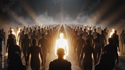 A glowing individual stands out from a crowd of dark silhouettes. The chosen one illuminating the darkness. Individuality, leadership, and hope concept animation