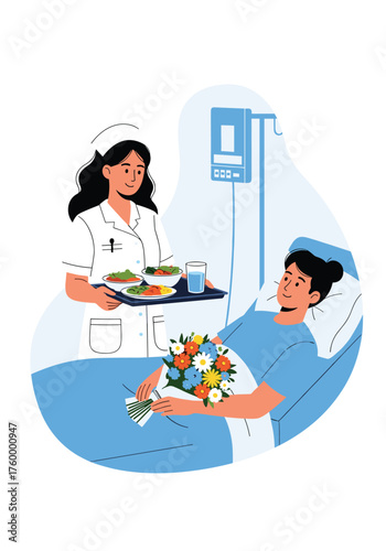 Nurse bringing food and flowers to a patient in hospital bed.