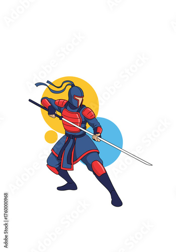 A warrior in traditional Japanese armor practices martial arts with a sword.
