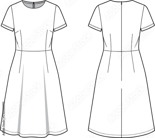 Technical dress sketch, fashion illustration, short sleeve dress, flared skirt, garment blueprint, front and back view, sewing design, apparel template