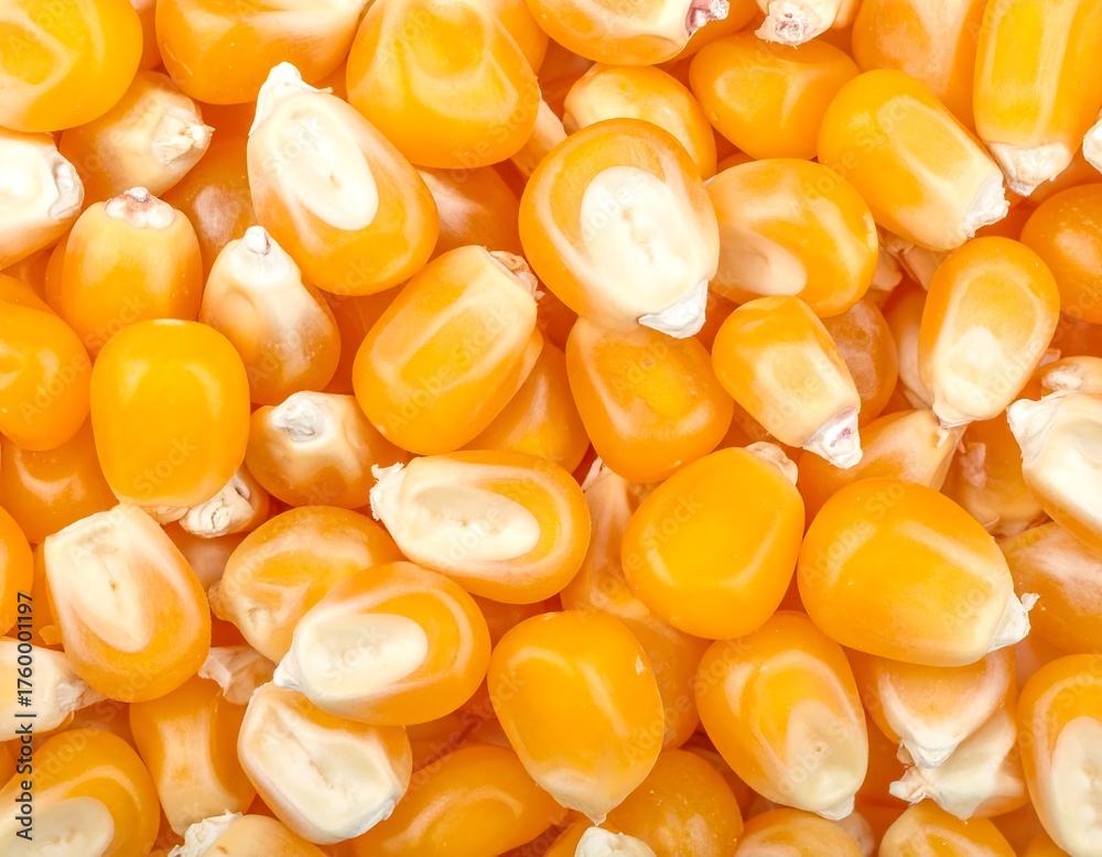 Fototapeta premium A close-up view presents a tightly packed cluster of golden-yellow kernels, showing various angles and textures. Each kernel possesses a glossy surface