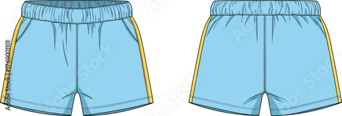 Athletic shorts, front view, back view, elastic waistband, light blue, yellow panels, sportswear, casual wear, stitching detail, men's apparel