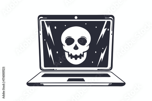 Dark skull displays prominently on a laptop screen, suggesting potential cybercrime risk