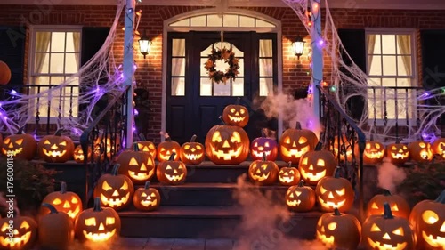 Festively Decorated House on Halloween Night with Glowing Pumpkins and Twinkling Lights