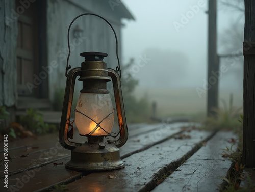 Vintage Oil Lantern Glowing on Wet Wooden Porch in Morning Fog. Horror photo style of an Oil Latern.