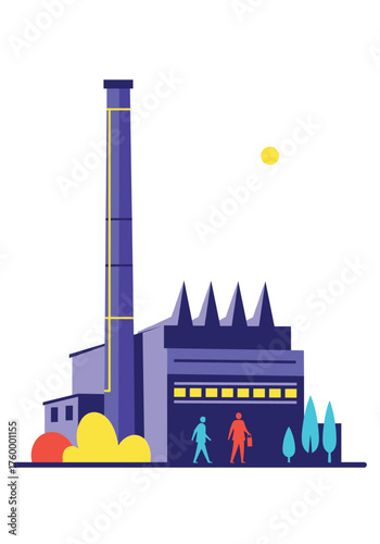Illustrating a modern industrial factory with a tall smokestack and surrounding trees.