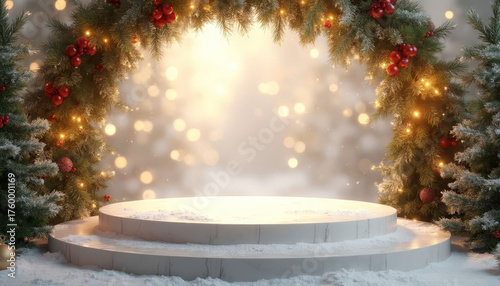 Snowy Christmas Podium Under Garland Arch