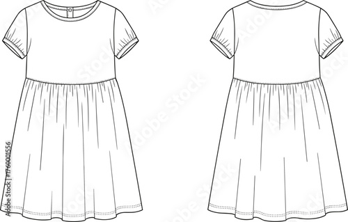 Short sleeve dress technical sketch, front and back view, gathered skirt, round neckline, fashion flat, garment blueprint, apparel design illustration