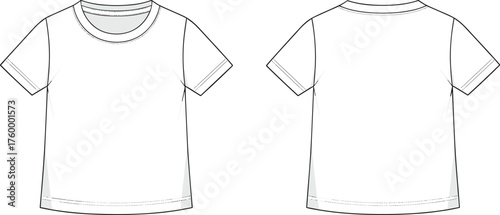 Basic short sleeve T-shirt technical sketch, front and back view, crew neck, fashion flat, garment blueprint, apparel design illustration