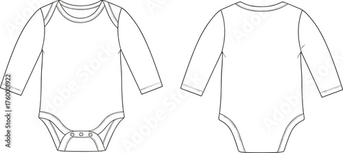 Baby onesie technical sketch, front and back view, long sleeve infant bodysuit, fashion flat drawing, garment design template, apparel illustration