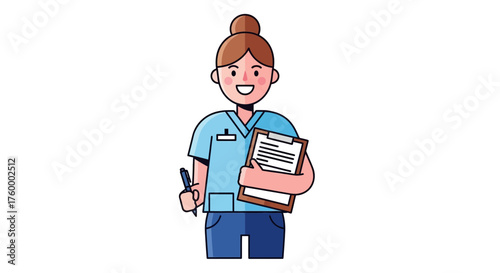 Kindly Medical Professional Holding Clipboard and Pen in Animated Illustration Design