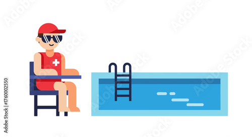 Lifeguard Observing Poolside Ensuring Safety in a Cool Cartoon Illustration