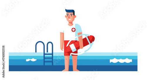 Lifeguard Standing Beside Pool with Rescue Tube Ready for Action Illustration