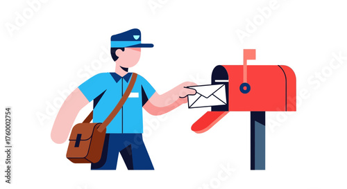Mailman Delivering A Letter To The Mailbox In A Bright And Modern Illustration