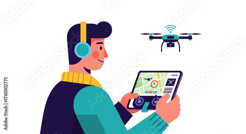 Man Enjoying Drone Flight With Tablet And Controller Over Black Background