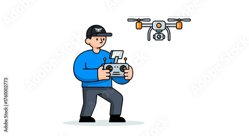 Man Operating Drone With Remote Control Flying Against Black Background Illustration