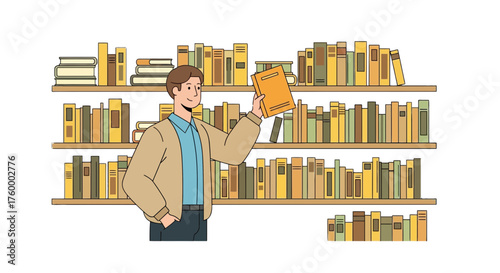 Man In Beige Cardigan Choosing And Holding Book With Bookshelf Behind