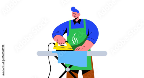 Man Ironing Blue Shirt With Steam Illustration Graphic Design Isolated Against Black Background