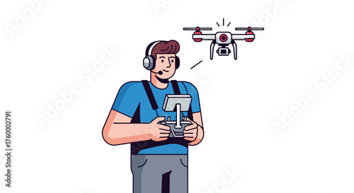 Man Piloting Drone With Controller Against Black Background Illustrative Vector