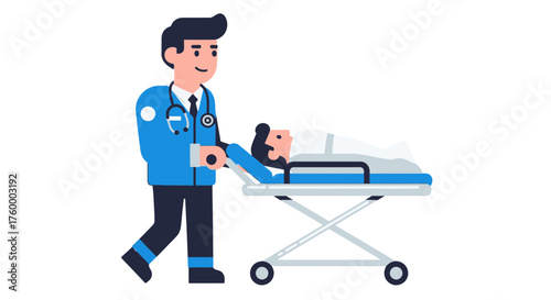 Medical Professional Transporting Patient On Stretcher With Minimalist, Graphic Illustration