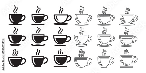 Collection of hand drawn coffee cups with steam in various styles and designs