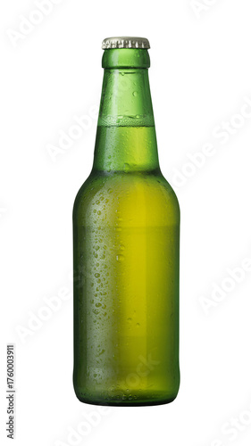 Chilled green beer bottle with condensation droplets, perfect for refreshing summer moments, ideal for advertising and lifestyle imagery
