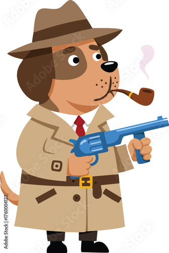 Dog detective character smoking pipe holding blue gun in brown trench coat and hat vector illustration 