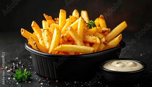 Golden crispy French fries served in a black container, topped with ketchup and parsley, with a side dish of ketchup—set against a dark background