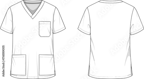 Scrub top sketch, front and back view, medical uniform, fashion flat, V-neck design, patch pockets, garment construction, apparel template