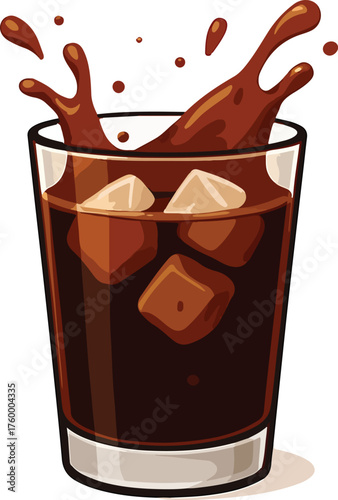 Brown liquid splashing from glass with ice cubes drink