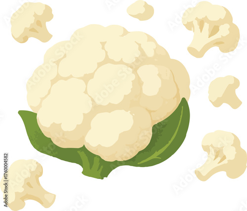 Creamy white cauliflower florets scattered around a central head