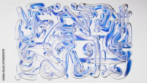 Abstract geometric maze structure made of glass tubes, isolated on white background. Blue objects are refracted through the transparent surfaces. 3D rendering illustration.