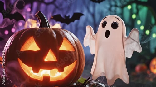 Close-Up of Cute Ghost and Glowing Pumpkin Decor for Halloween Celebration