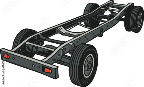 Vehicle chassis frame with wheels detailed mechanical automotive part illustration in black and grey colors