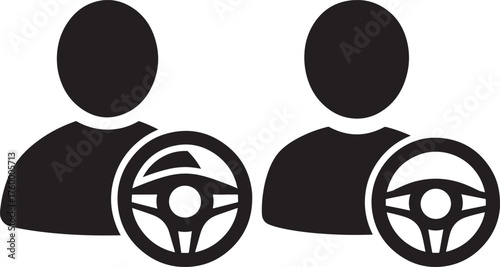 Two black silhouette figures with steering wheels representing drivers or driving lessons silhouette