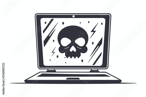 An ominous skull appears amid digital glitches on the computer screen, a serious threat