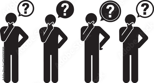 Four diverse figures in silhouette contemplating with question marks above their heads silhouette